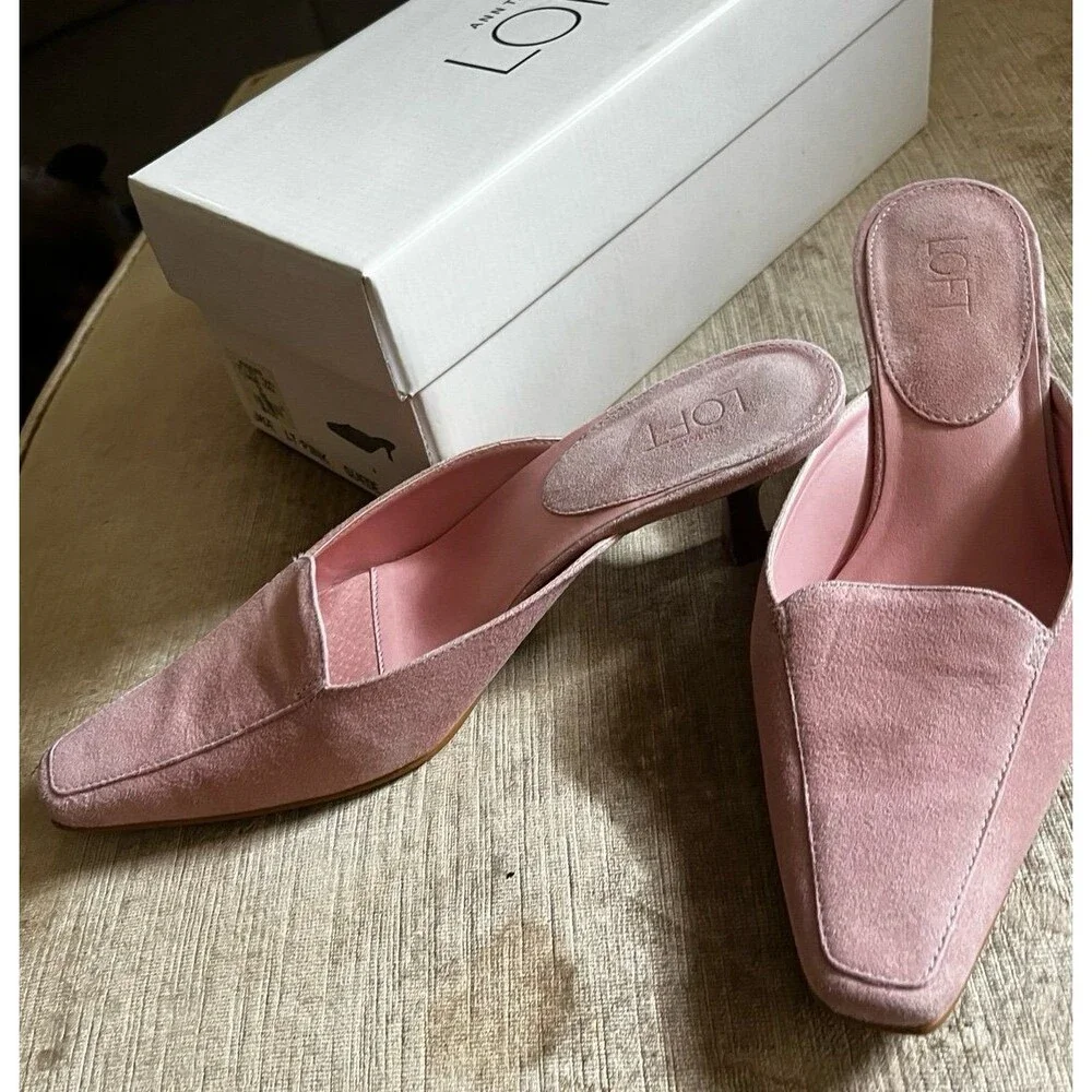 Anne Taylor Loft Kitten Heels Slip on Mules Jade Lt Pink Suede cottagecore 6.5